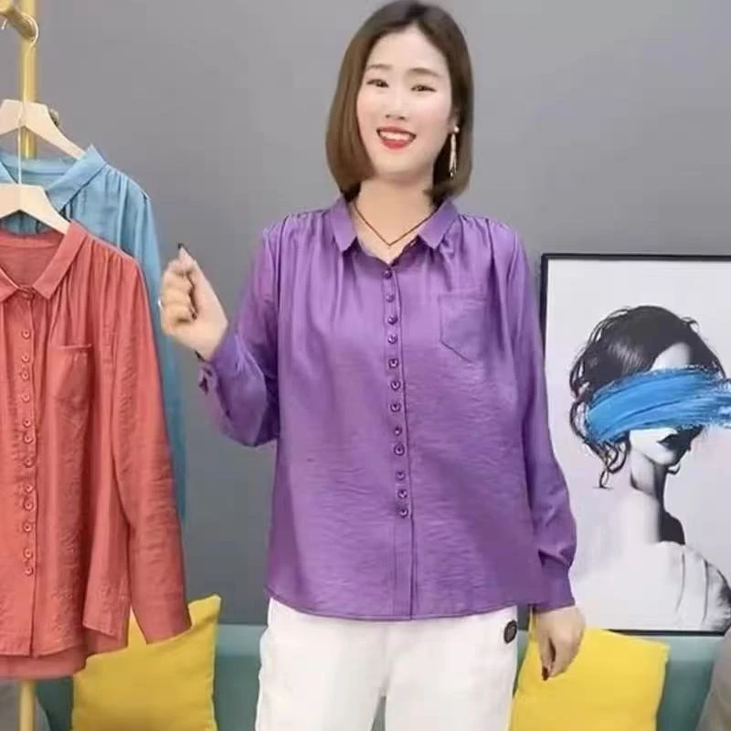8731-春夏新款翻领纽扣纯色百搭衬衫长袖妈妈装大码小衫【B仓】