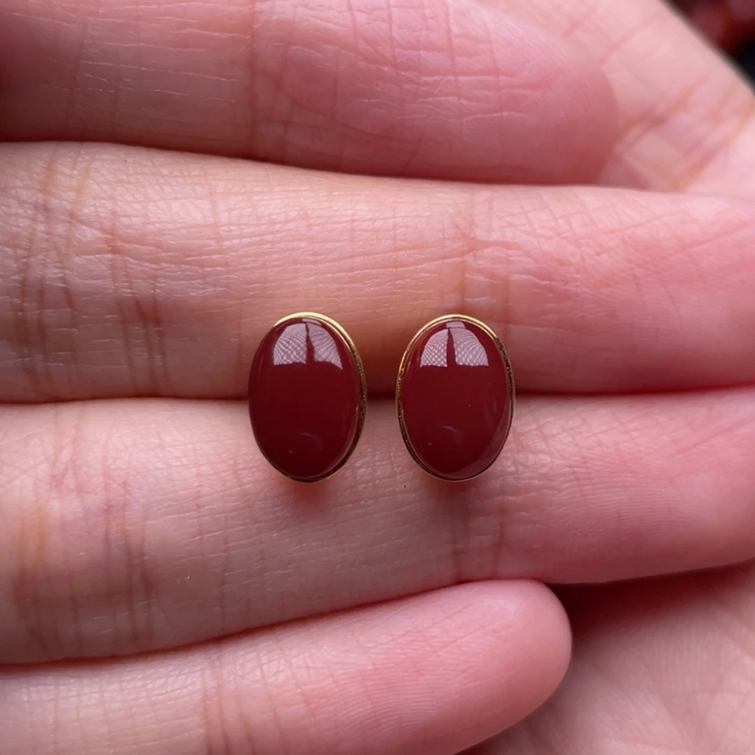 南红玛瑙18K金镶嵌珠宝奇石耳钉