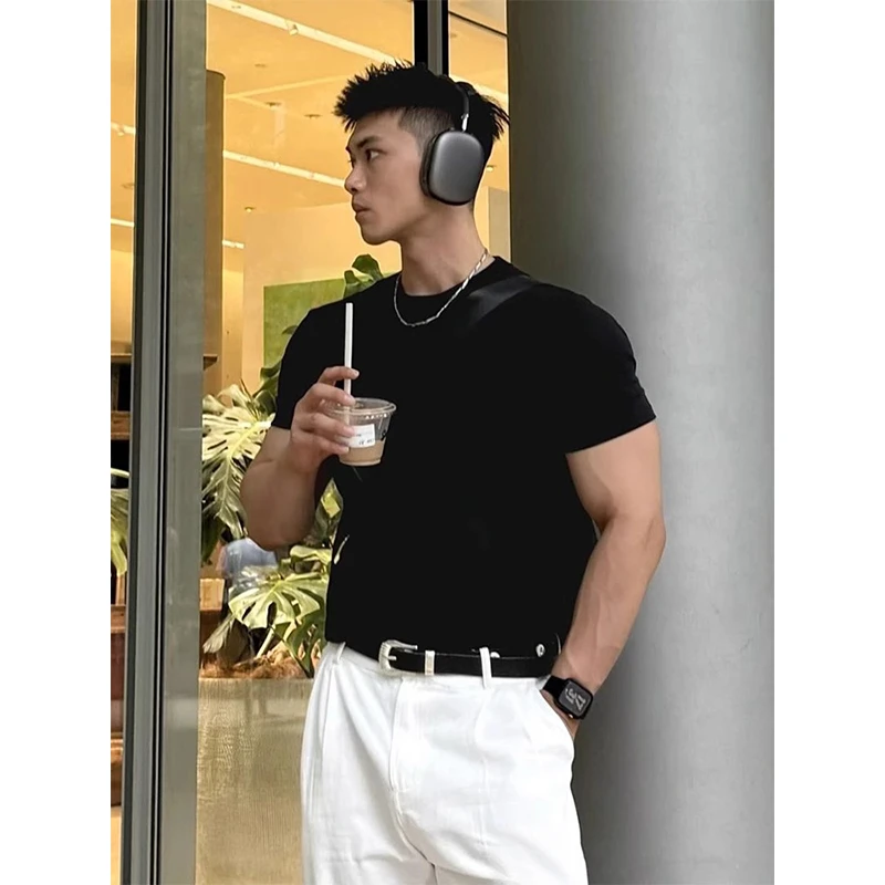 弹力收袖口男士黑色t恤夏季cleanfit健身短袖显身材美式修身半袖