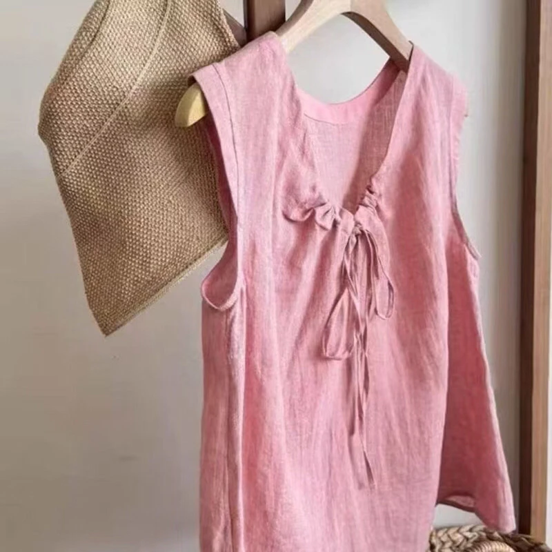 夏季时尚设计感系带无袖圆领女性通勤背心上衣