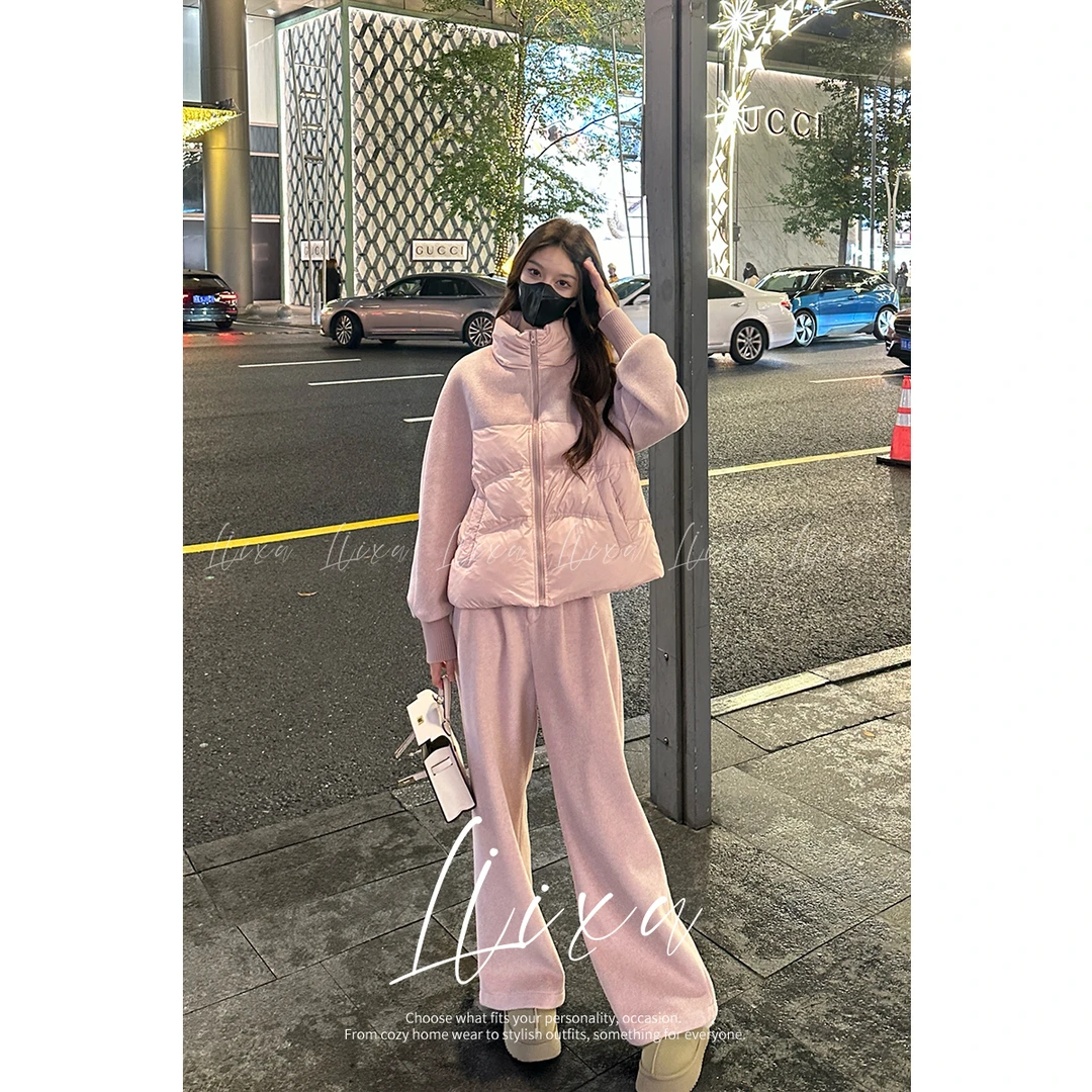 Liixu秋冬立领休闲90白鸭绒羽绒服外套女显瘦阔腿裤套装L48TZ018