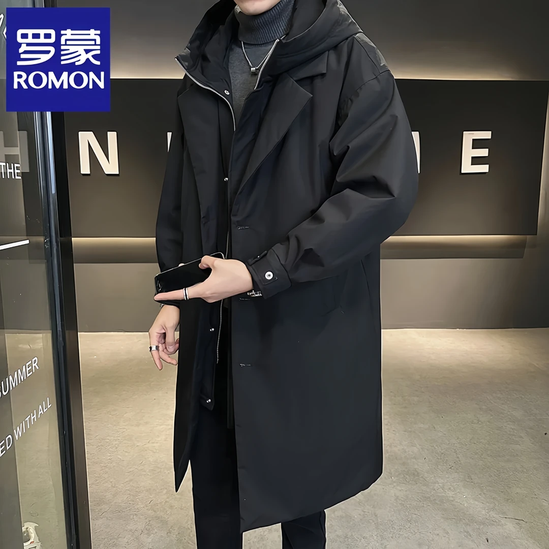 Romon/罗蒙冬季新款中长款羽绒服男士连帽防寒假两件风衣保暖外套