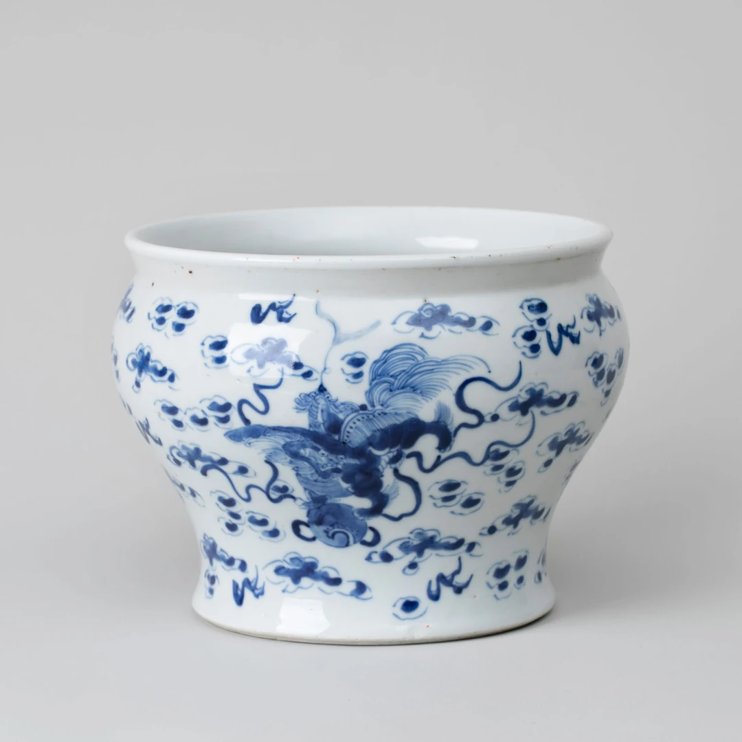 【古董】5、清光绪  青花太狮少狮图广口尊