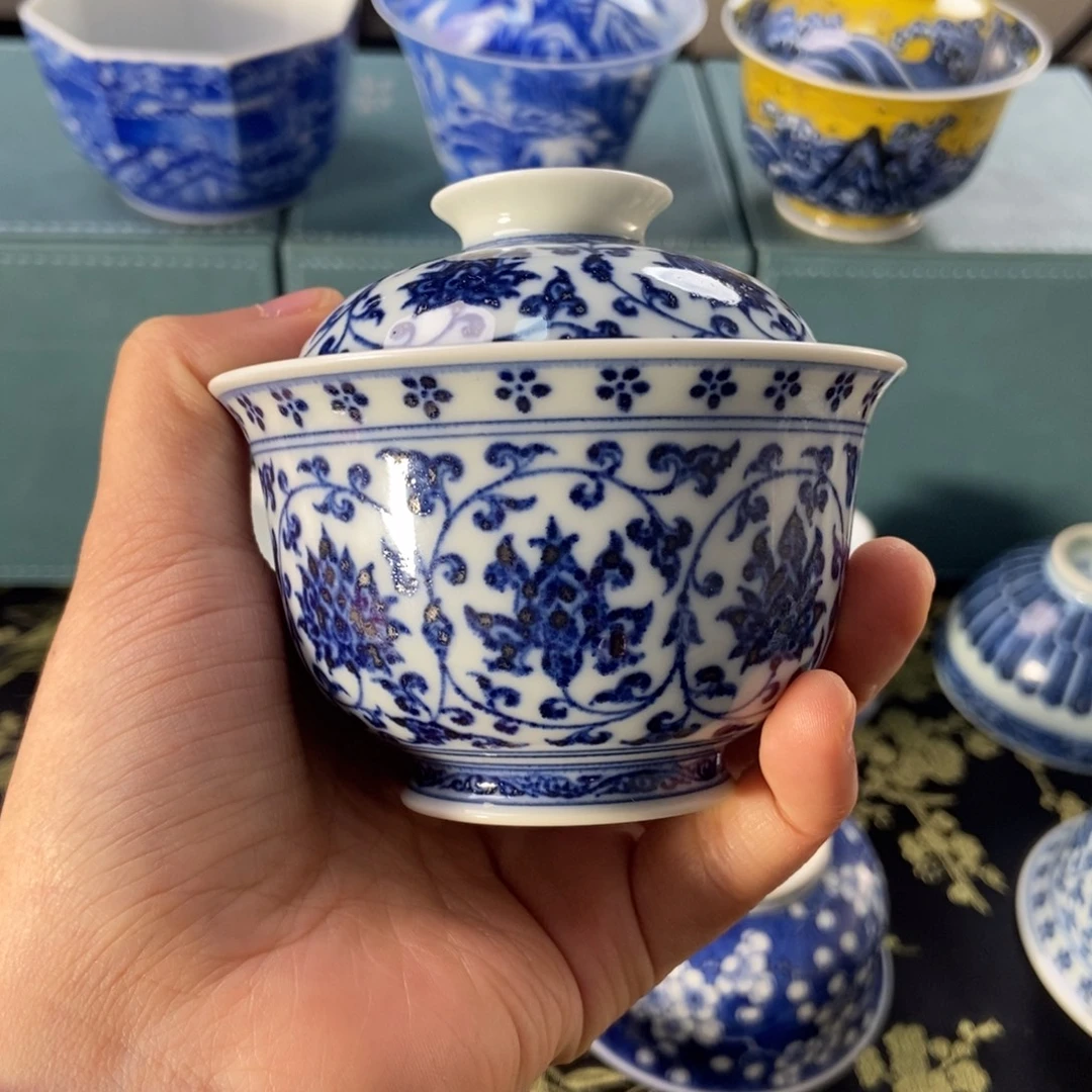 杯水造 青花 缠枝盖碗