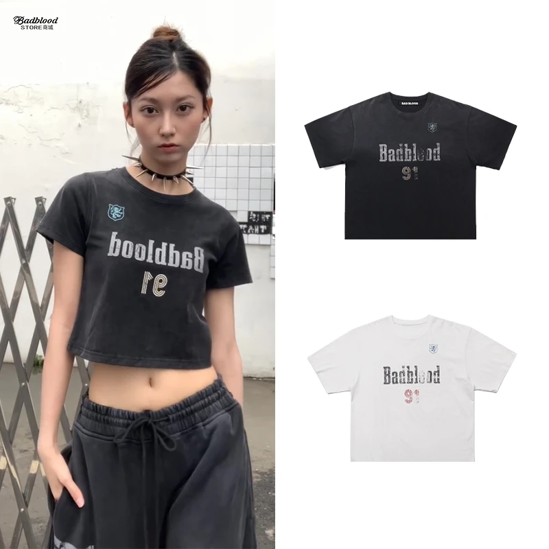 badblood美式复古水洗短袖T恤休闲运动辣妹街头短袖修身显瘦上衣