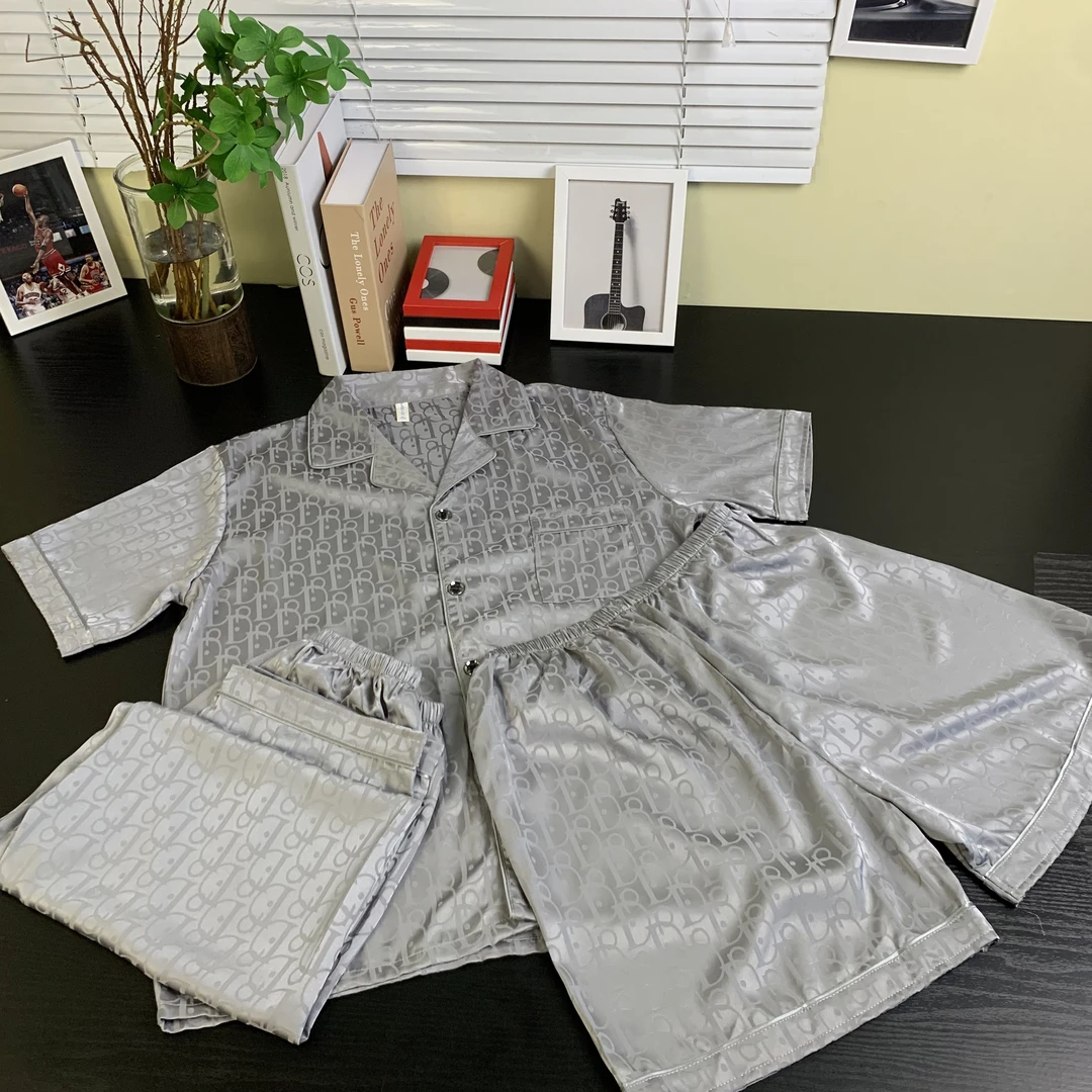 男款高档大气短袖三件套夏天凉感冰丝短袖薄款睡衣家居服大码