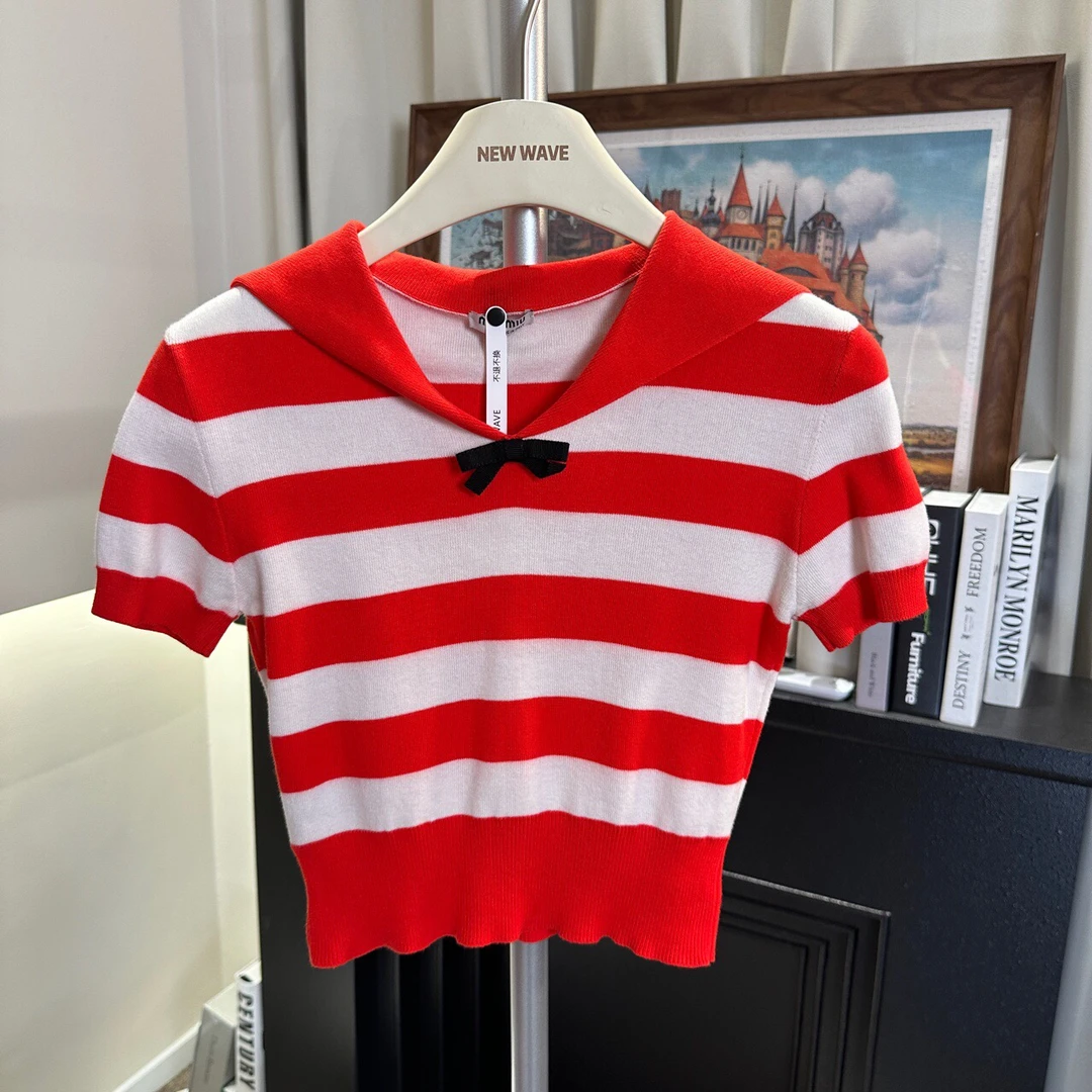 99新 MIU MIU/缪缪  MIU313 海军领蝴蝶结条纹短袖36码原价9200