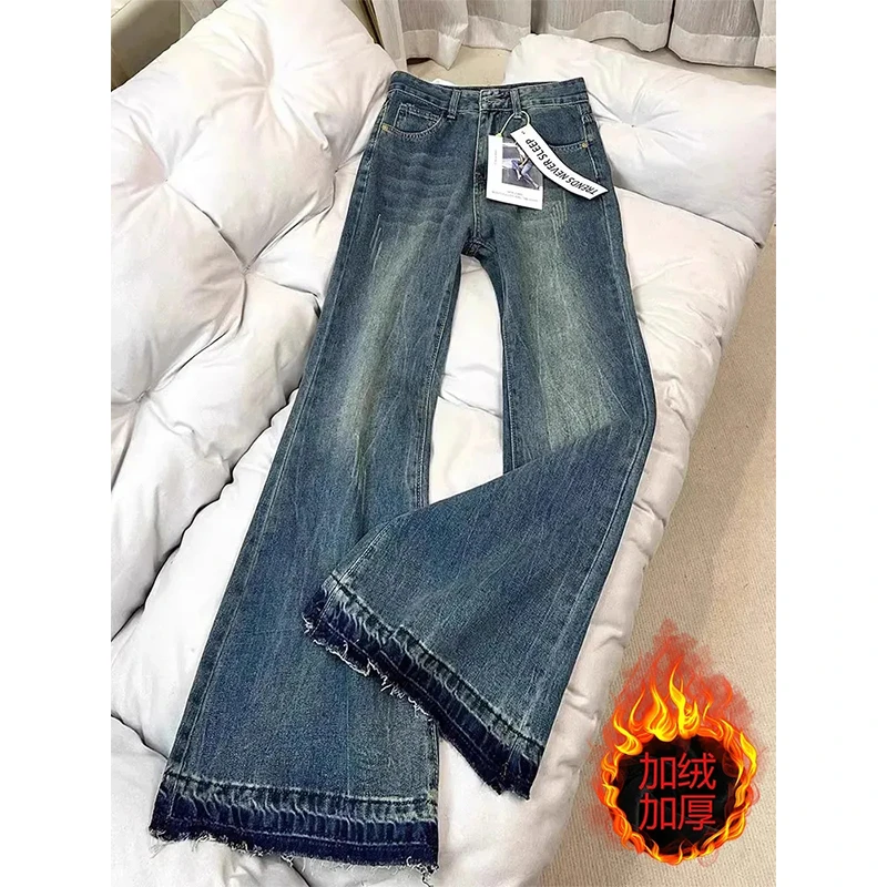 美式复古不贴腿加绒微喇牛仔裤女2025秋冬高腰宽松显瘦喇叭阔腿裤