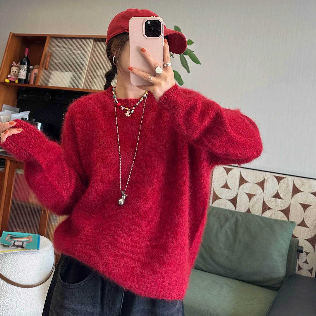 qiqi/琦琦推荐 韩版宽松保暖羊毛拉毛工艺简约经典套头纯色毛衣