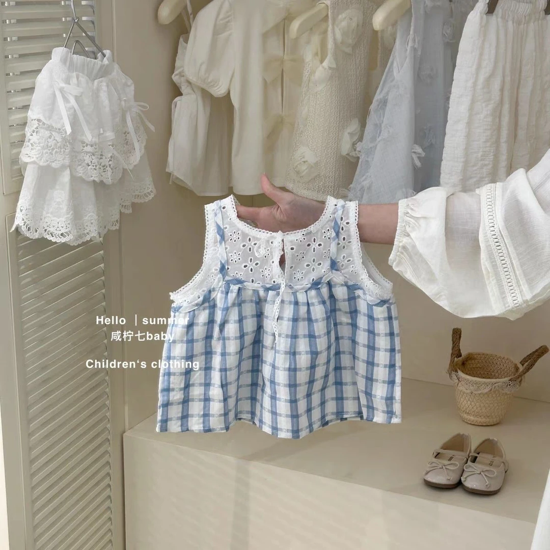 女童2025夏季韩版套装新款宝宝休闲洋气格子背心花边蛋糕裙两件套