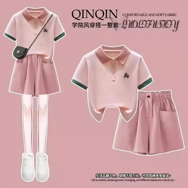 女童夏季学院风套装2025新款休闲中大童POLO衫女孩短袖短裤两件套