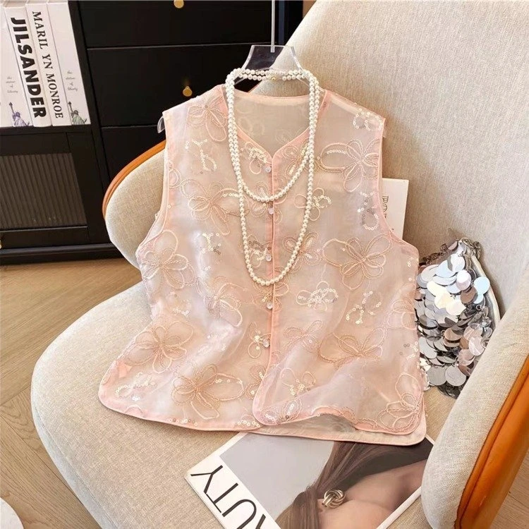 薄款女刺绣夏季马夹国风圆领马甲百搭洋气马甲夏无袖上衣