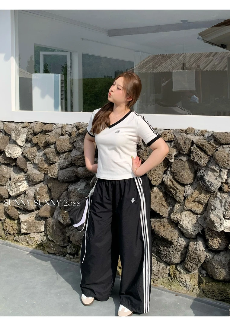 三点泥SUNNY【网球练习生】大码撞色短袖T恤女条纹休闲运动裤套装