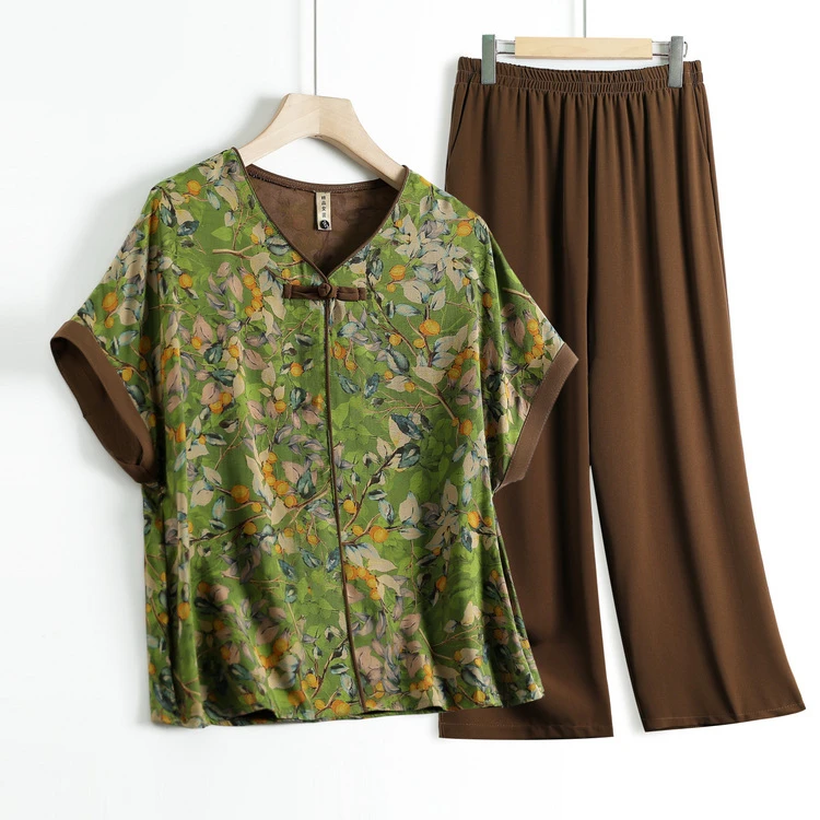 俞兆林妈妈装夏装衬衣奶奶夏季衬衫女夏季妈妈装印花短袖女装