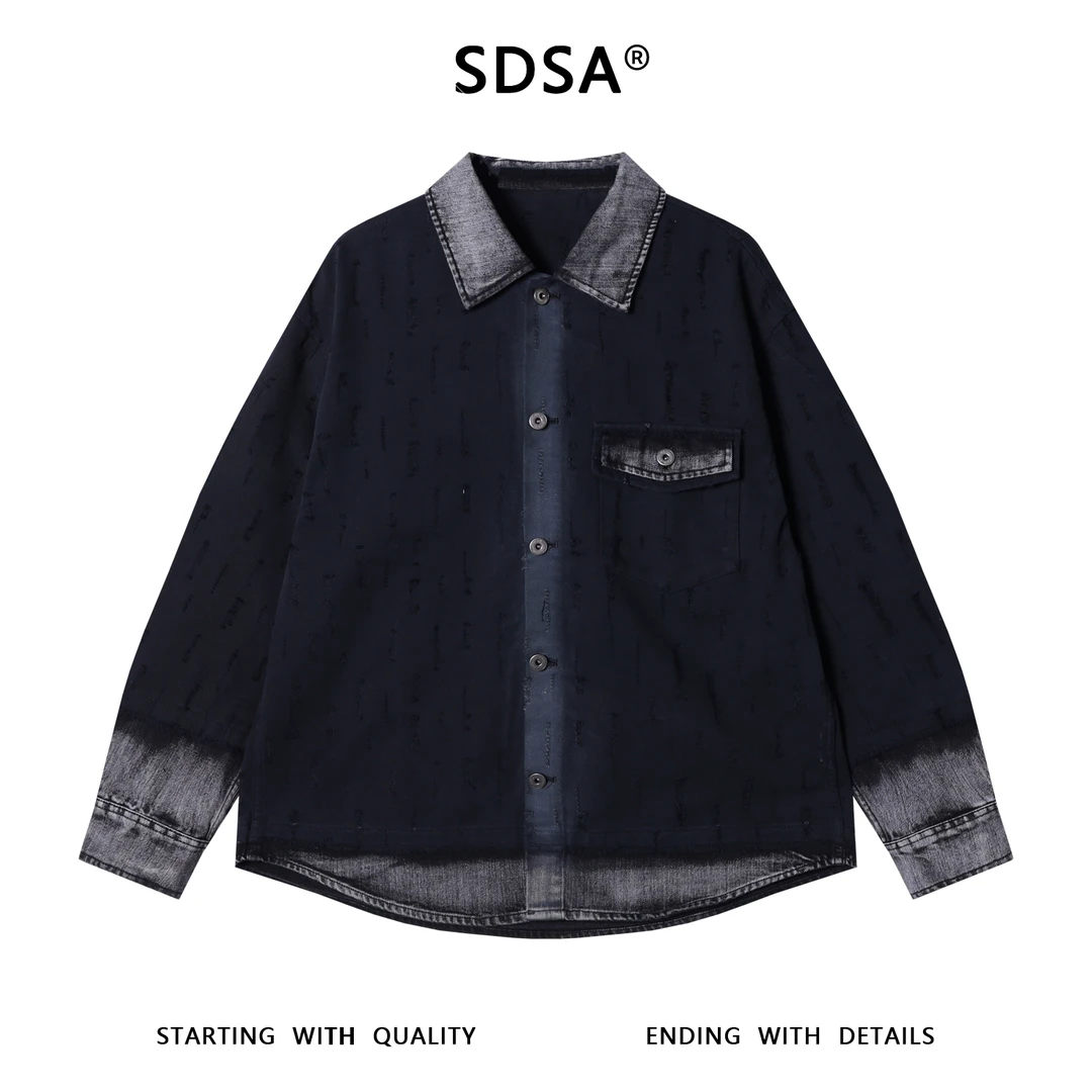 SDSA男士秋冬新款痞帅男装潮牌渐变磨破翻领长袖衬衫时尚百搭衬衣