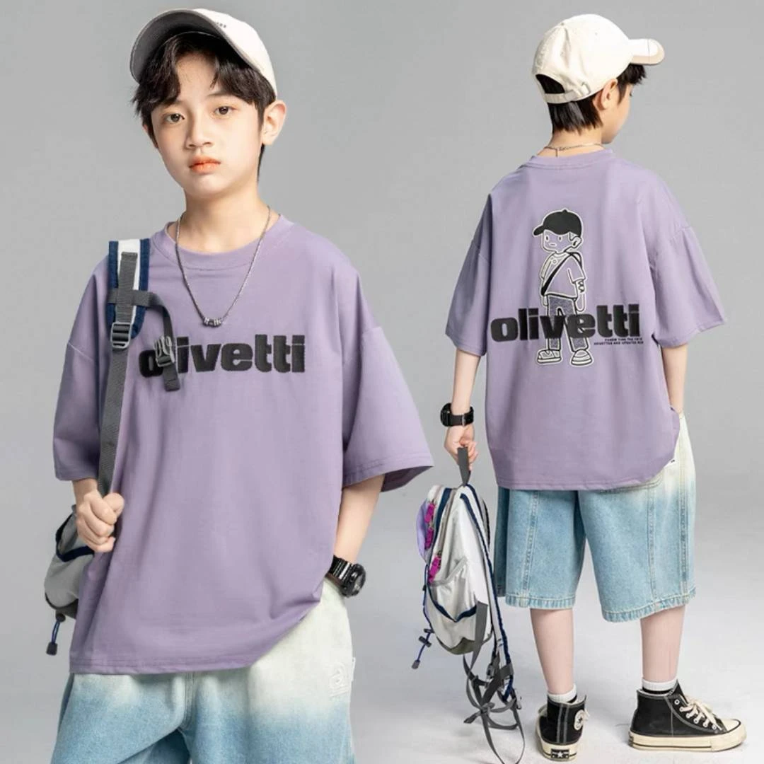 棉质T恤印花圆领短袖新款男孩插肩袖半袖宝宝中大童夏季潮款T恤