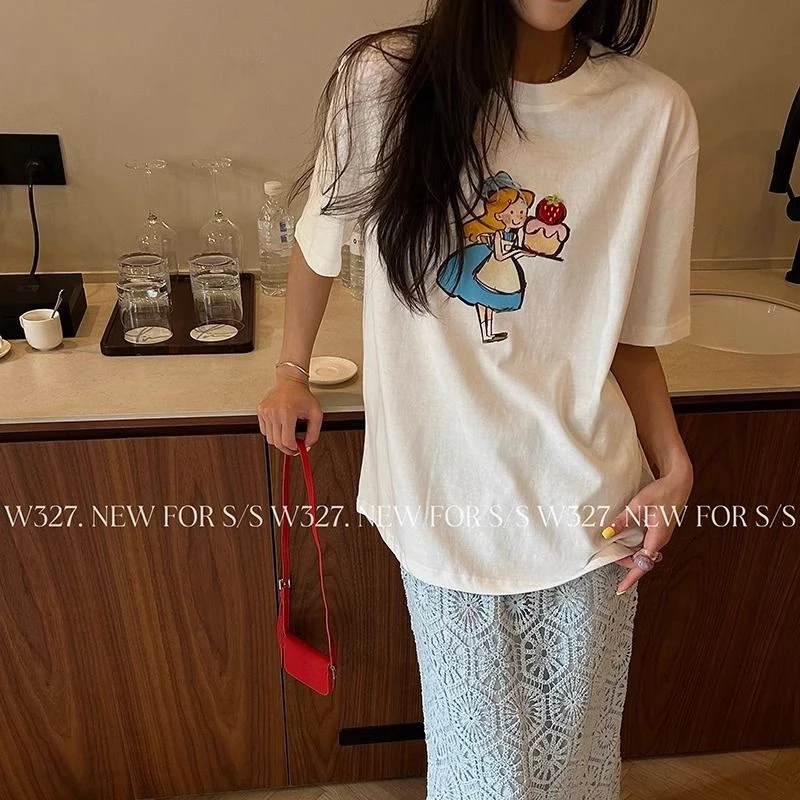 韩版女装卡通公主蛋糕印花短袖2025夏季减龄休闲t恤打底衫上衣
