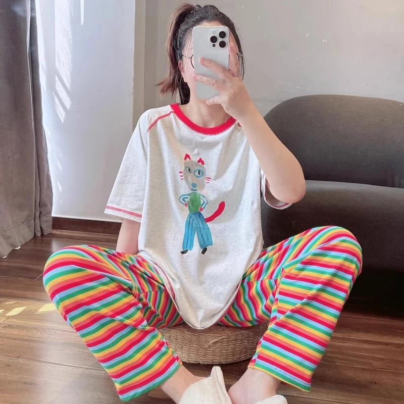 可爱卡通条纹莫代尔睡衣女夏款简约休闲家居服套装可外穿2025新款