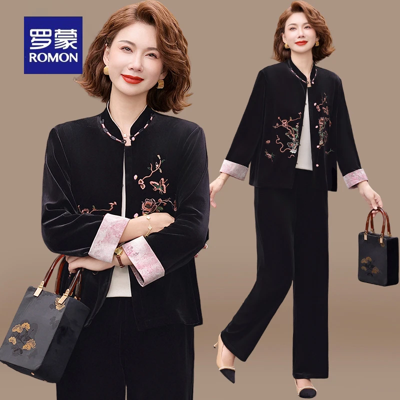 罗蒙新中式妈妈秋装金丝绒套装2025新款中老年春秋外套气质唐装