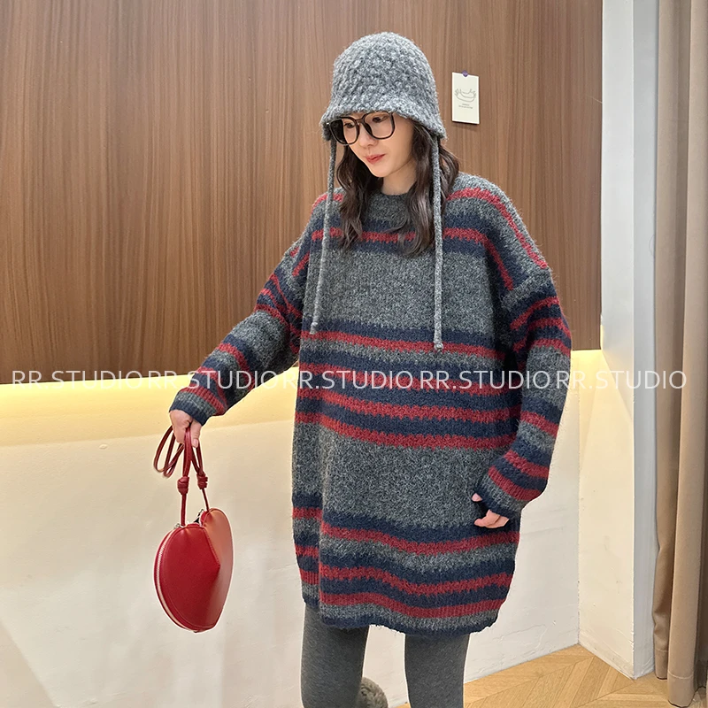 休闲韩系撞色慵懒风孕妇套头毛衣中长款时尚百搭秋冬针织衫DY2663