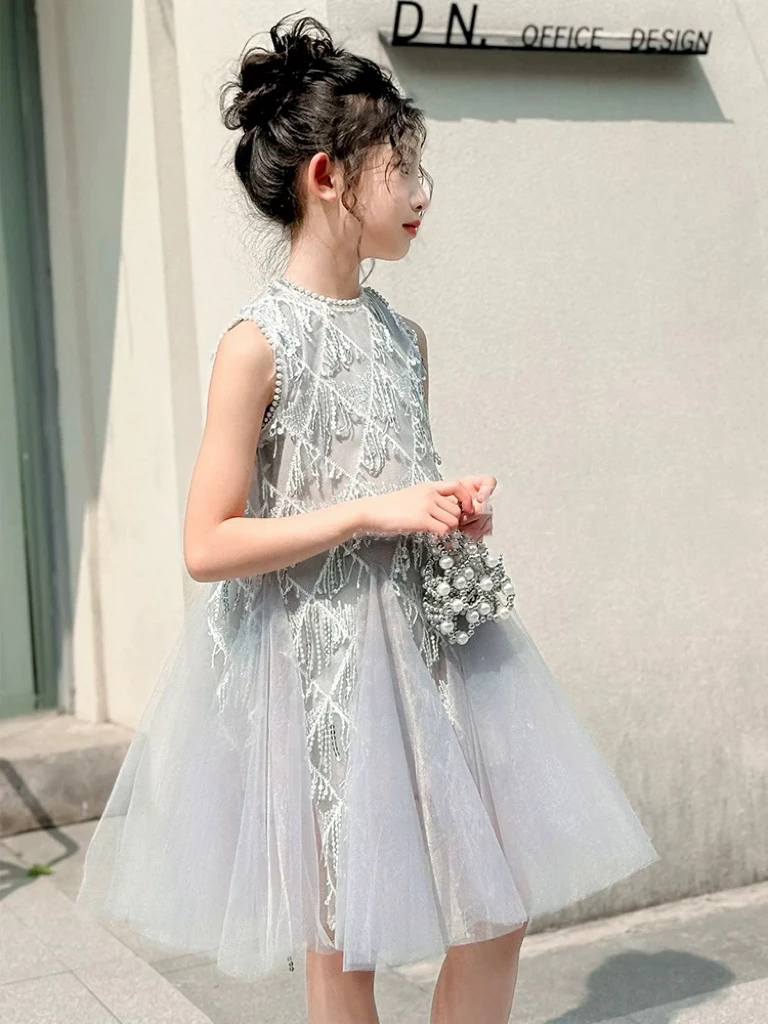 484哈哈家 女童夏季重工高品质亮片网纱无袖连衣裙儿童礼服公主裙
