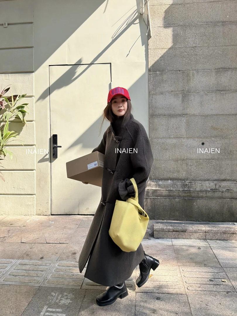 INAIEN“纽约贝果”立领羊驼毛双排扣保暖简约长款牛角扣大衣Q6609