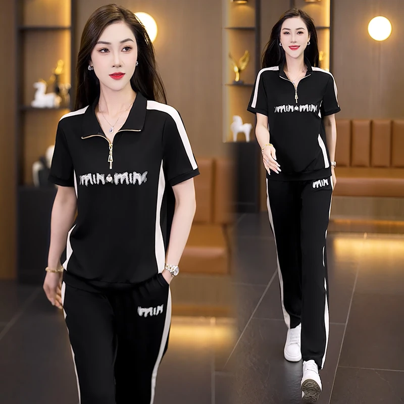 时尚休闲套装2025夏季新款大码简约拼色烫钻印花上衣直筒裤两件套