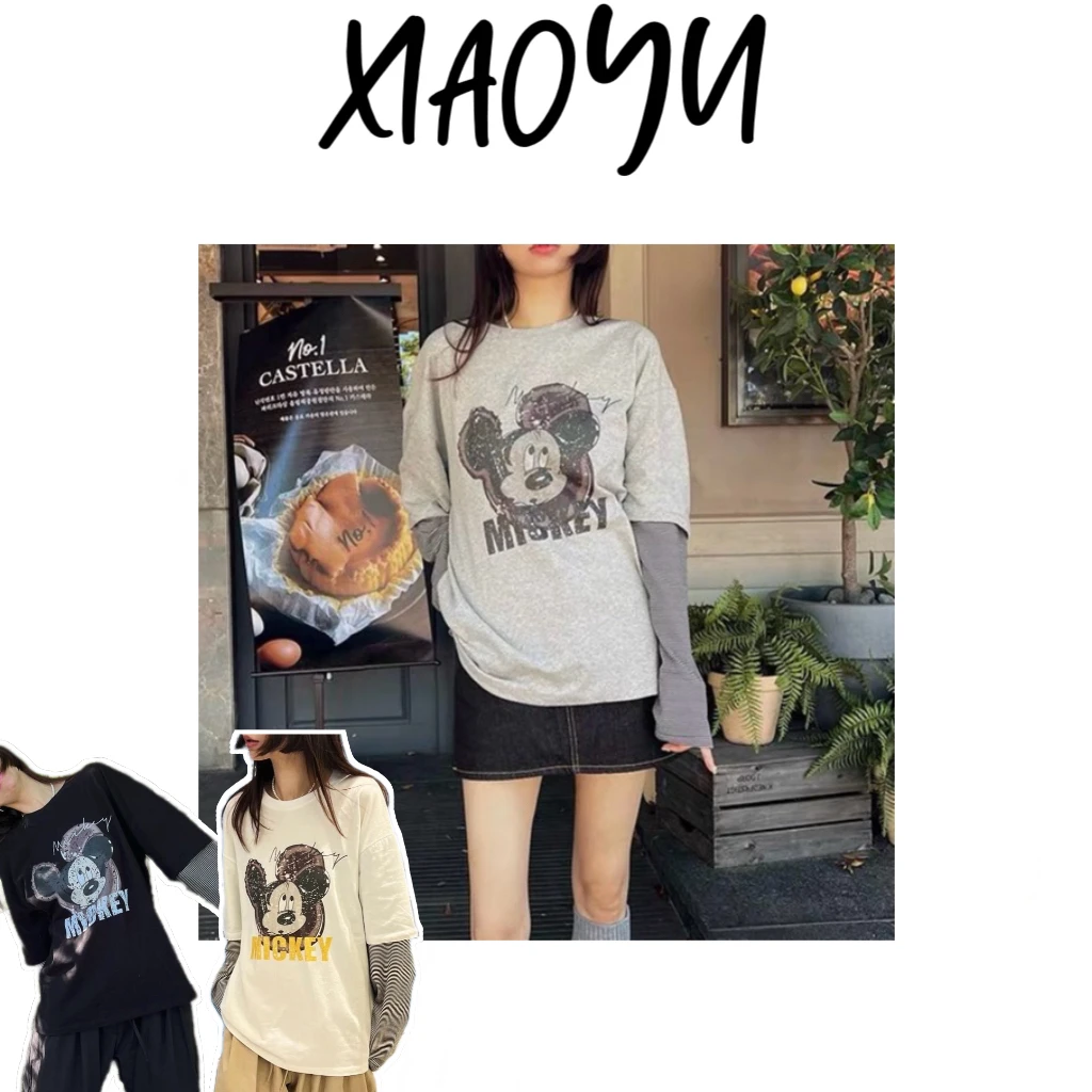 【老鼠假两件】S韩单CHOI假两件条纹袖长袖打底衫宽松显瘦设计款