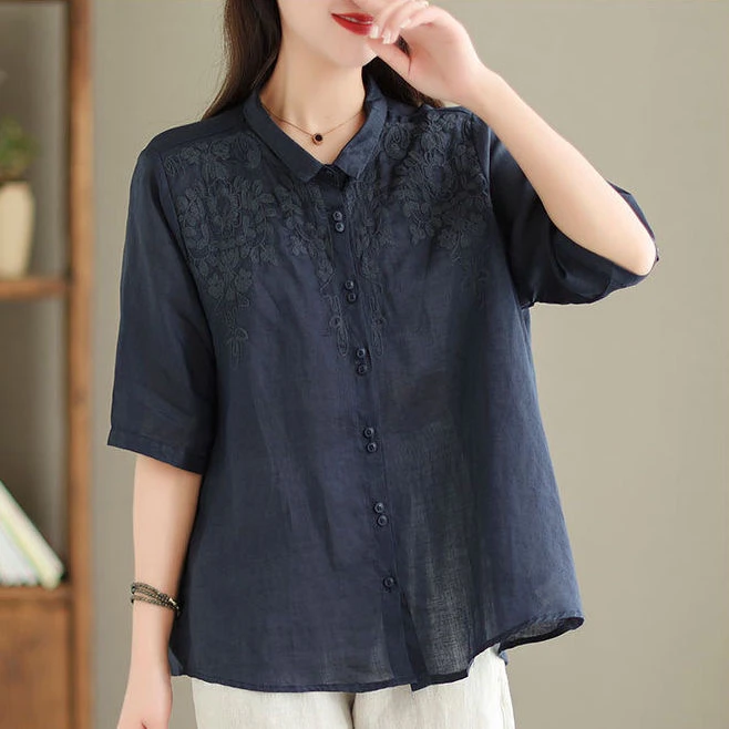 夏季新款文艺刺绣小衫方领显瘦宽松气质时尚百搭薄款洋气复古衬衫