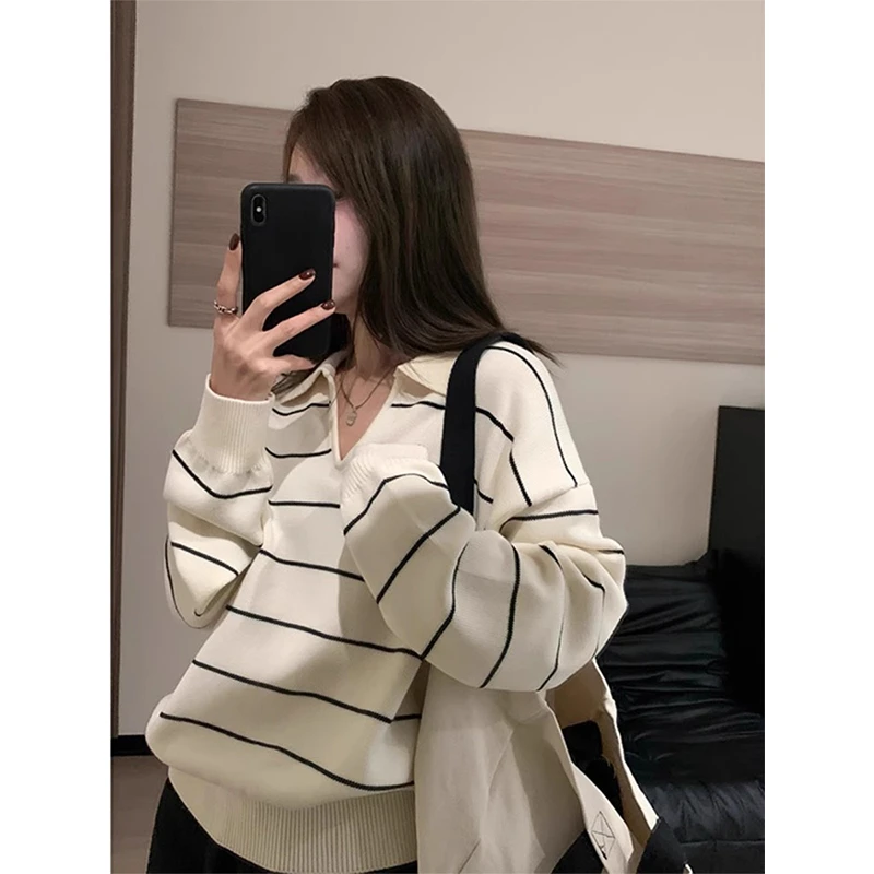 秋冬新款韩版宽松休闲拼色条纹翻领莱塞尔套头针织衫女长袖慵懒风