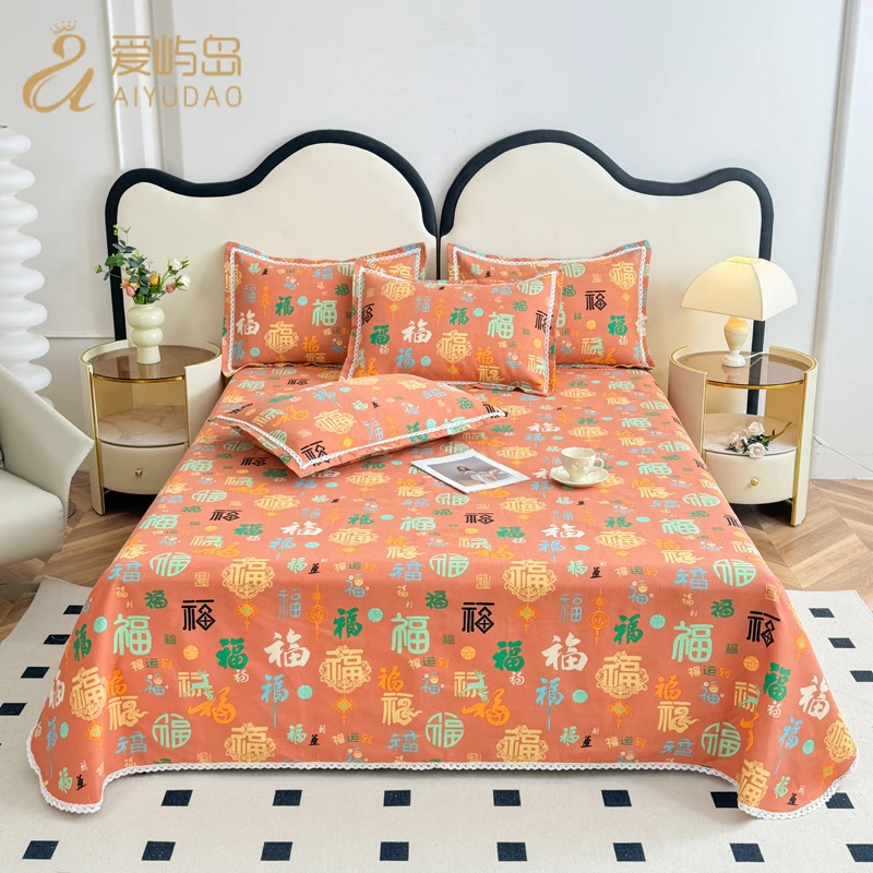 纯棉加厚老粗布床单蕾丝花边凉席亲肤透气夏天家用防滑床单老粗布