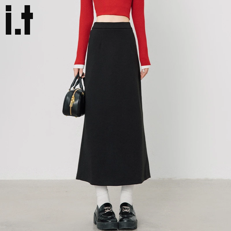 it:CHOCOOLATE美式黑色毛呢包臀裙女秋装2025新款辣妹穿搭A字长裙