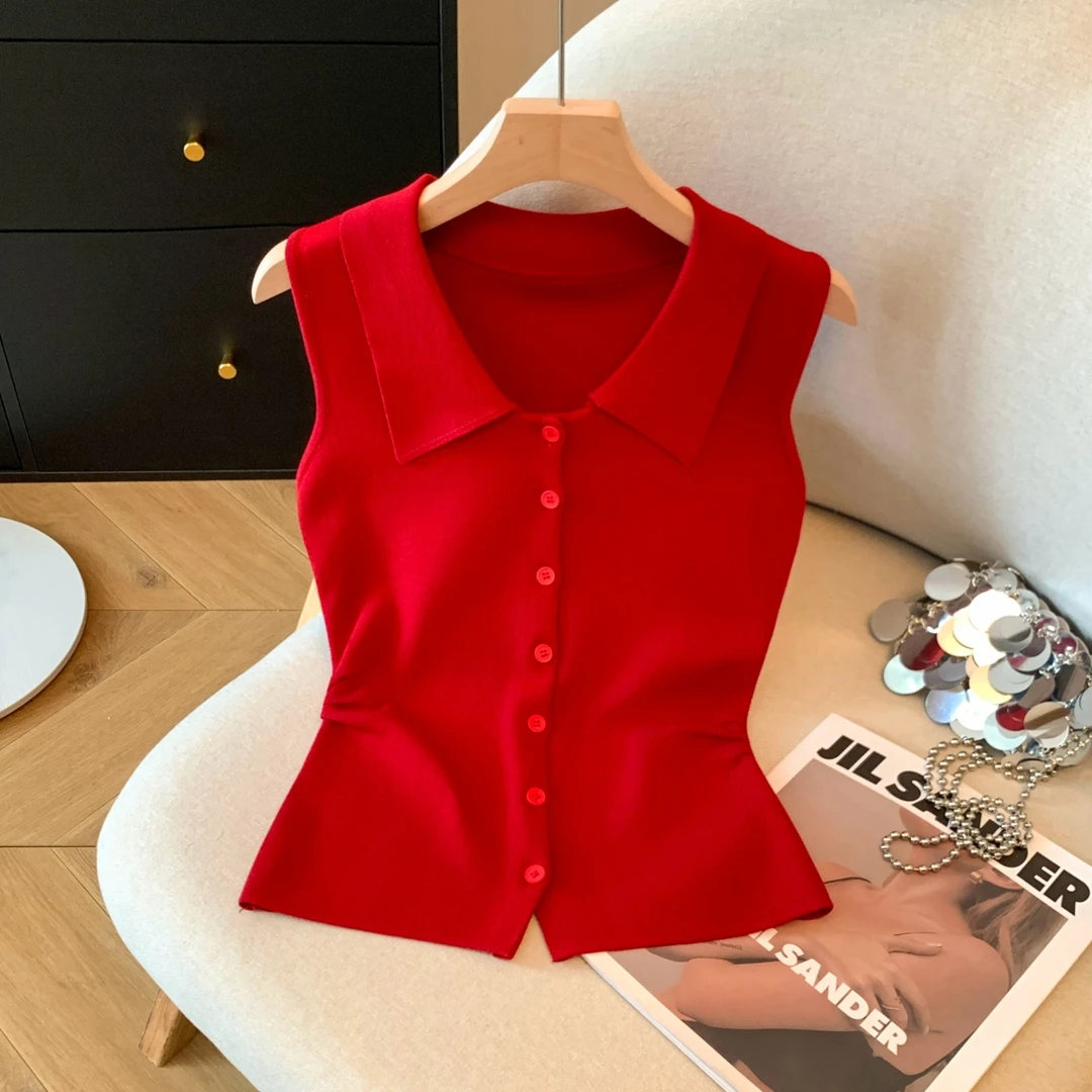 韩系V领冰丝针织衫背心女夏季2025新款洋气收腰褶皱别致无袖上衣