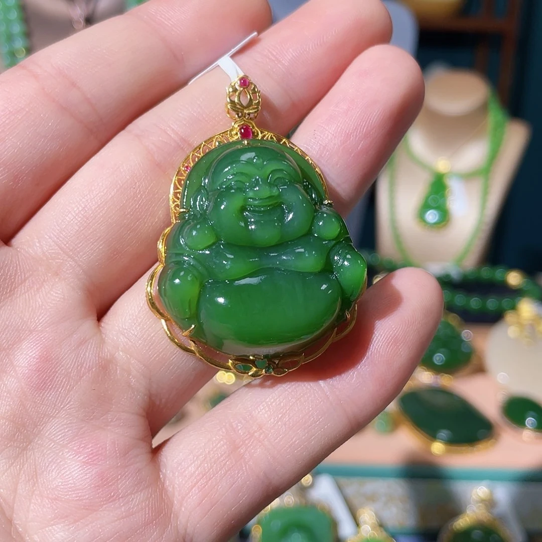 和田玉（碧玉）吊坠18K金镶嵌