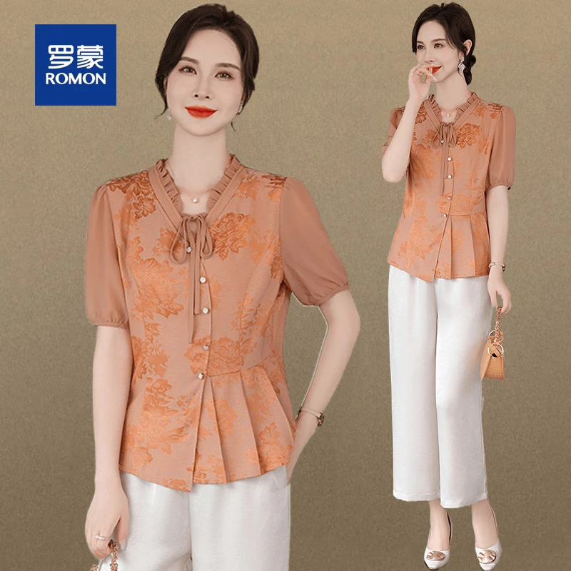 罗蒙母亲节衣服妈妈套装2025新款中老年阔太太中式国风小衫上衣女