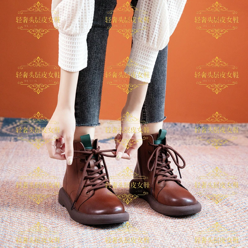 牛皮时尚春秋季新款真皮软底水洗加绒平底马丁靴复古厚底英伦风鞋