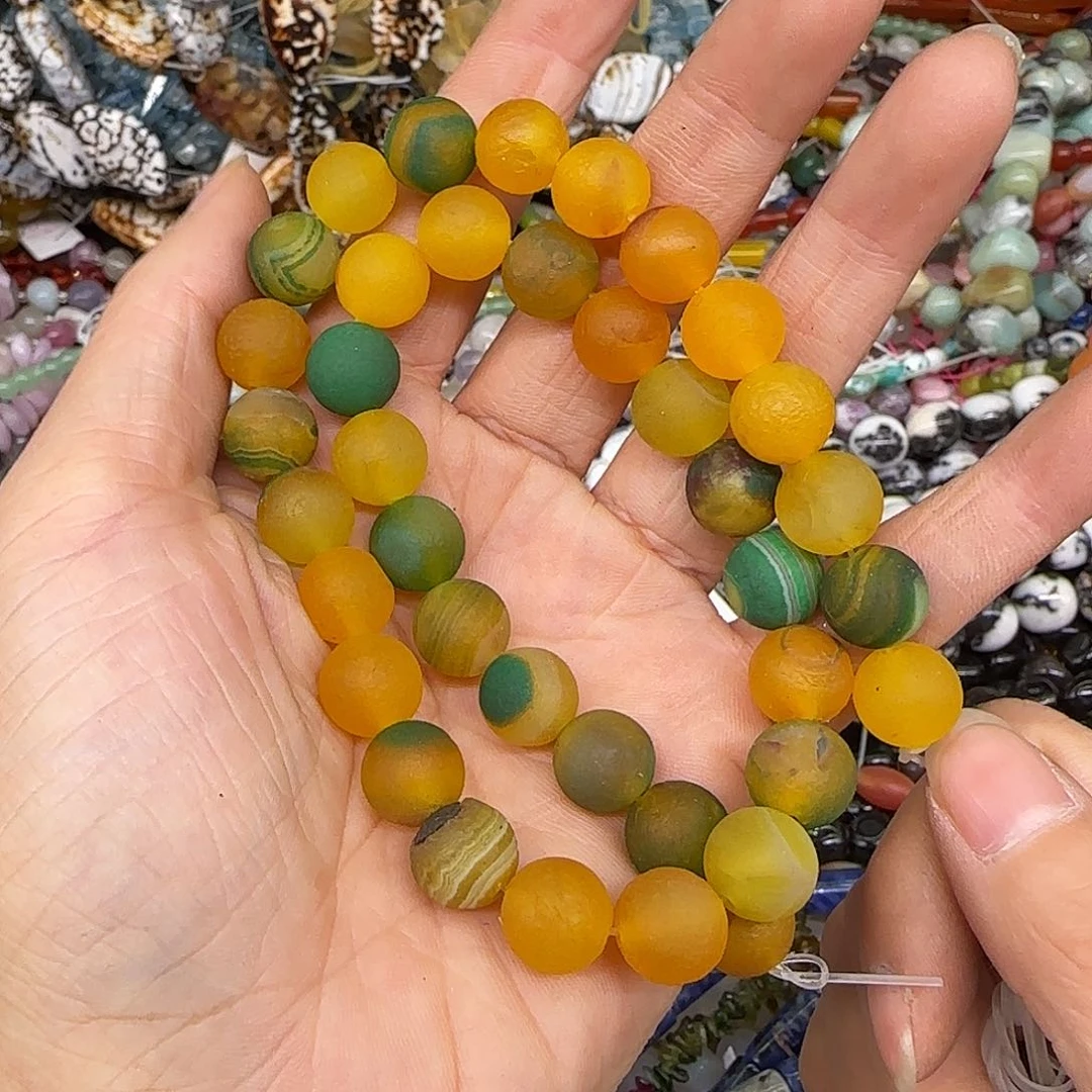 玛瑙/玉髓合金珠宝半成品橘皮黄绿玛瑙10mm一条