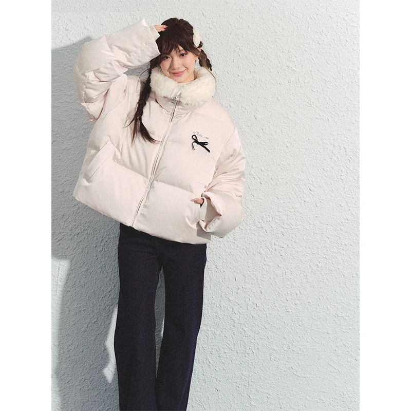 RECOIN R1C 淡粉色羊羔毛翻领羽绒服女冬季短款小个子面包服外套