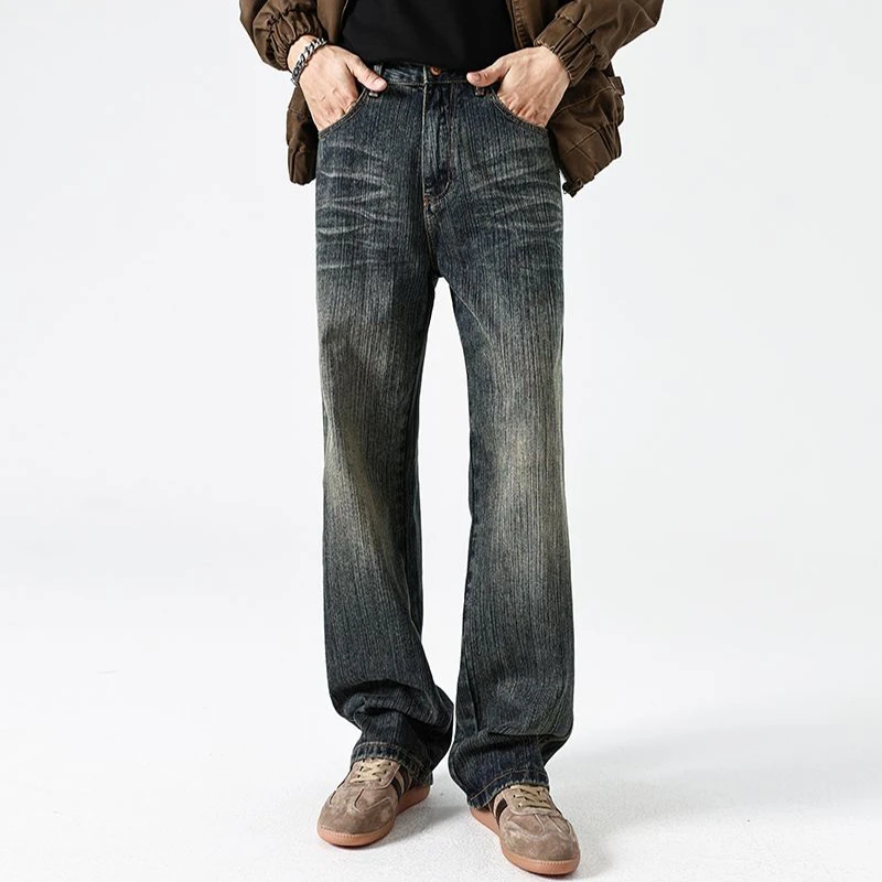 潮流新款复古水洗美式高街特色树皮皱设计宽松时尚百搭直筒牛仔裤
