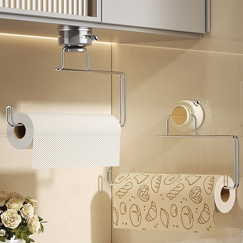 吸盘厨房纸巾架壁挂橱柜卷纸收纳架免打孔悬挂懒人抹布保鲜膜挂架