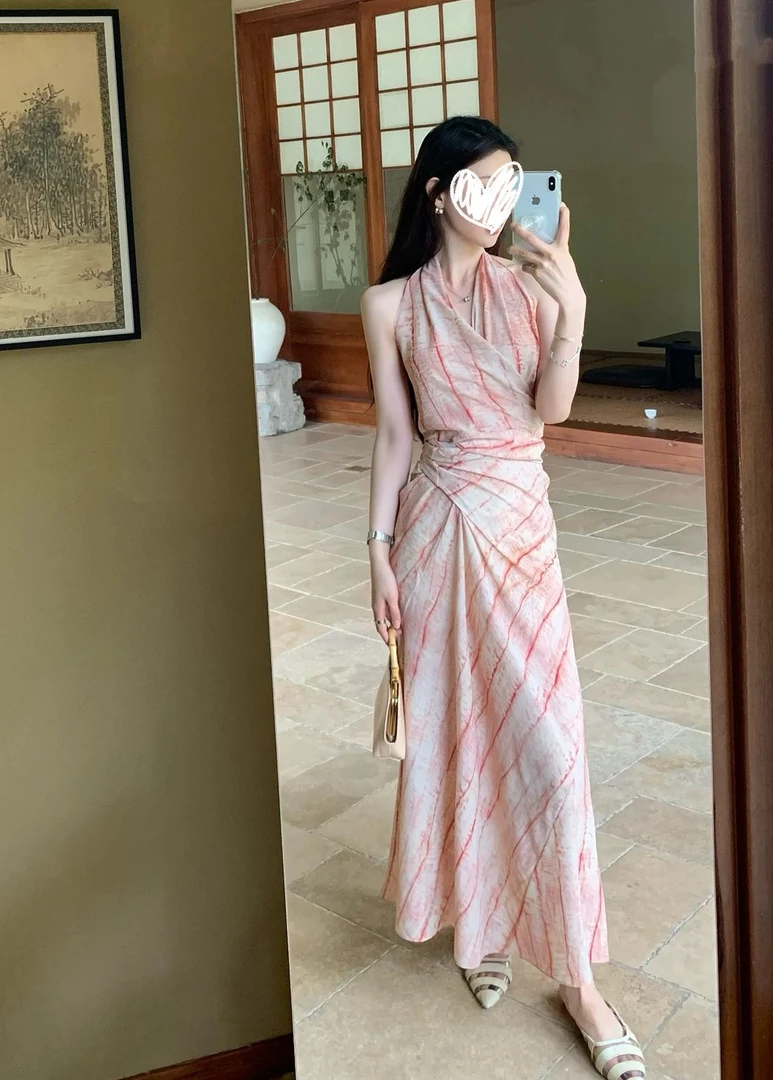 春野梦境~romance浪漫轻柔印花挂脖/短袖连衣裙裙子Q36