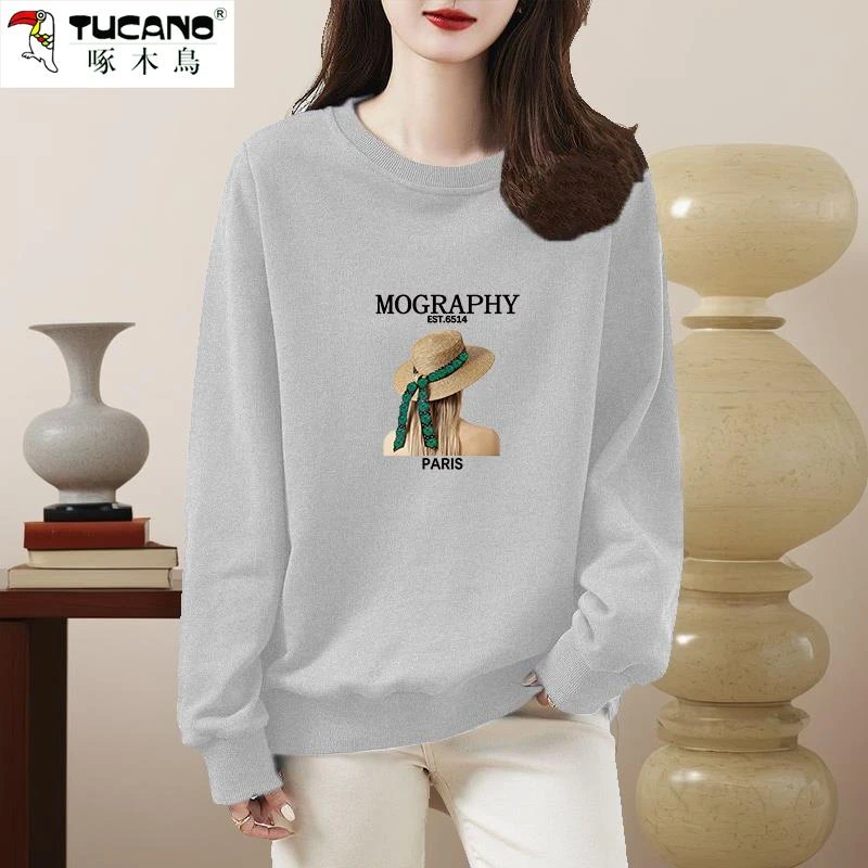 啄木鸟圆领卫衣女秋冬新款宽松大码修身显瘦韩版长袖开叉休闲上衣