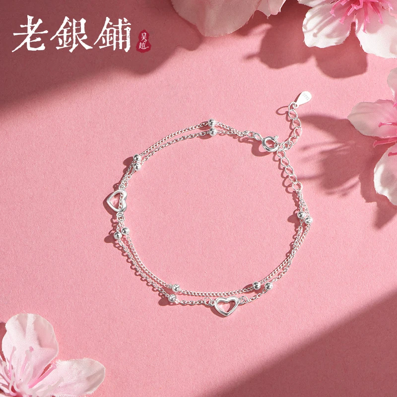 吴越老银铺 925银手链 S925银爱心双层手链简约时尚纯银手链ins
