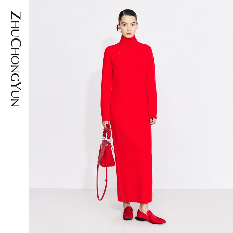 ZHUCHONGYUN2022冬季新款高领斜襟针织羊毛连衣裙C1CX4841M