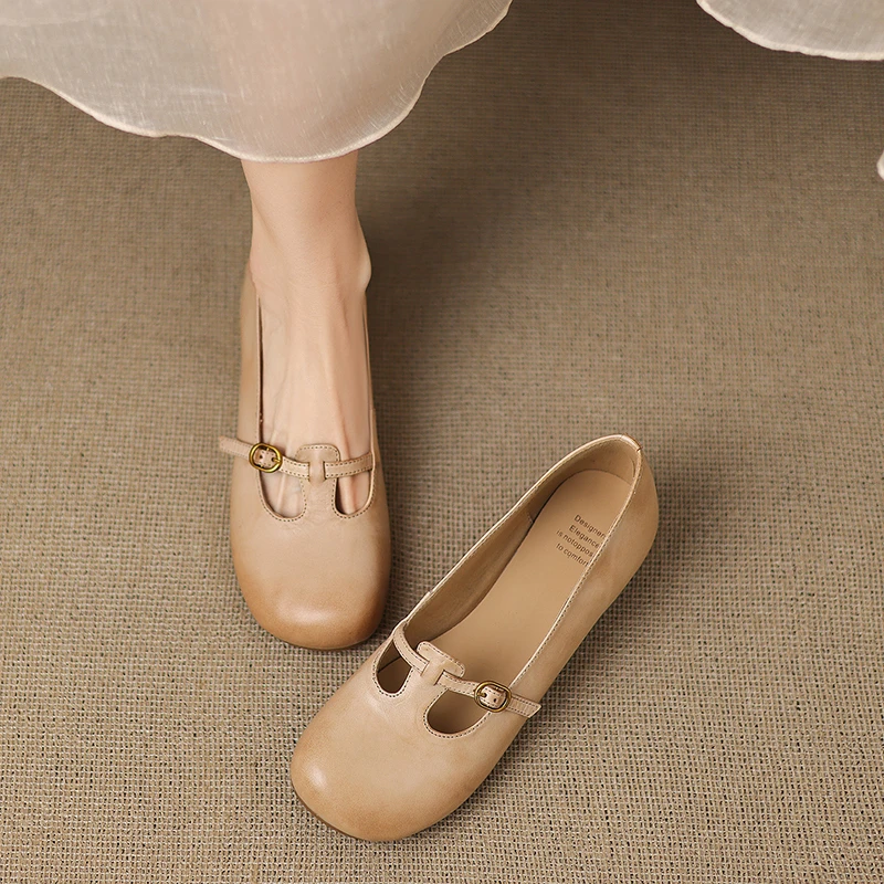 超软水洗牛皮~复古擦色平底单鞋女2025新款内增高一脚蹬玛丽珍鞋