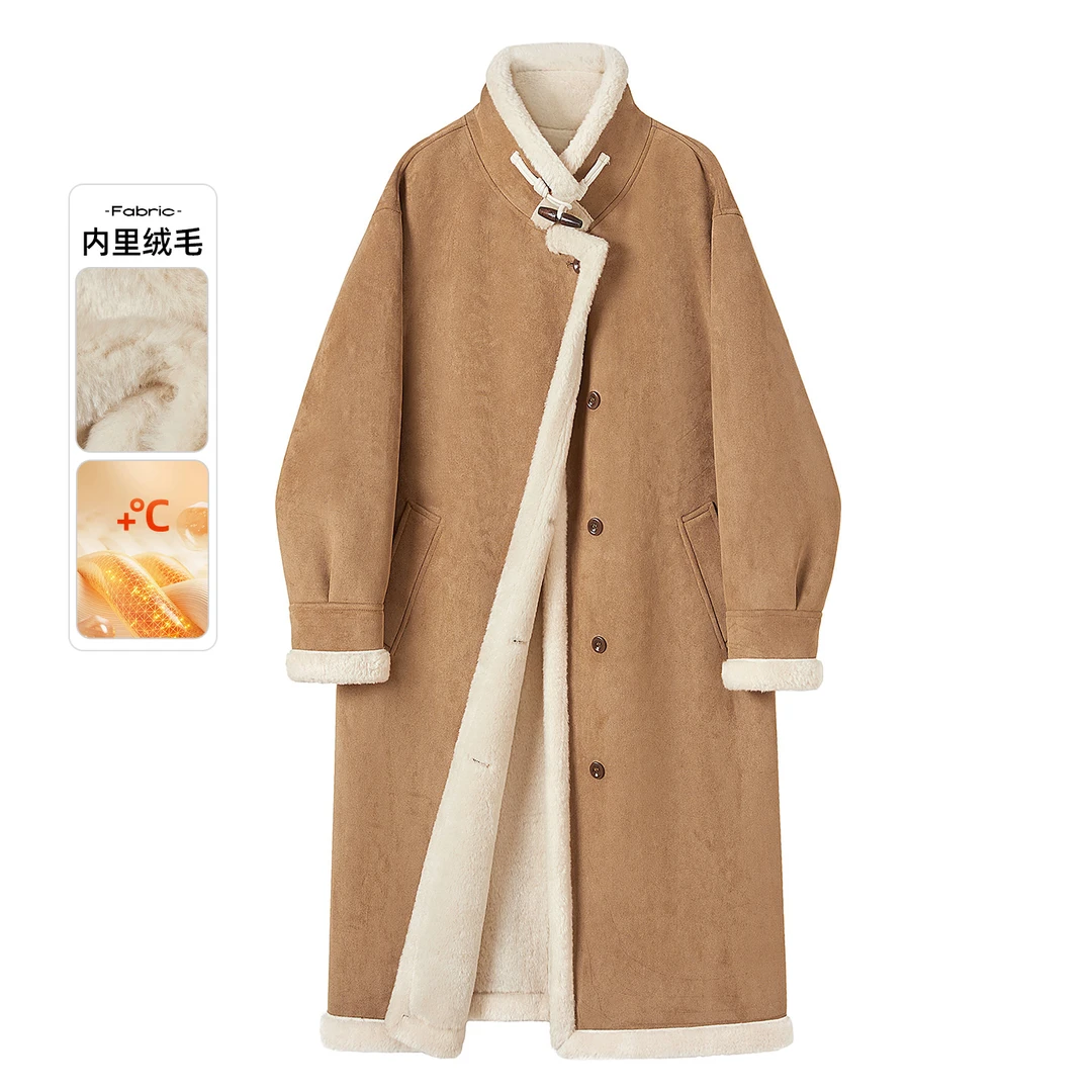 她池2025冬装新款女装宽松款单排扣加绒中长款立领大衣T54B8186D