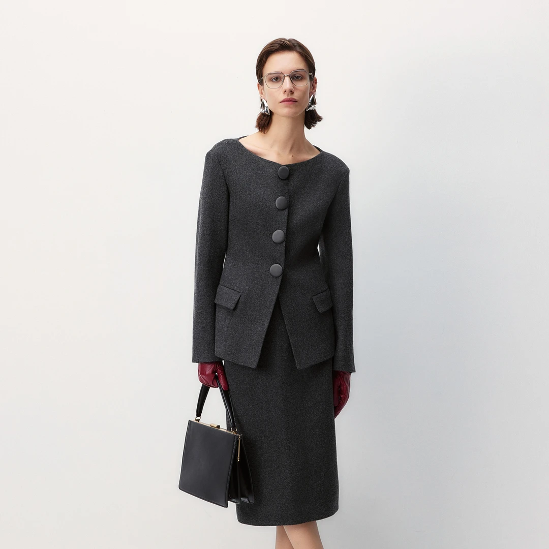 LYNEE【午夜巴黎】船领羊毛外套 灰色羊毛中裙 LGD2FAW073/AW074