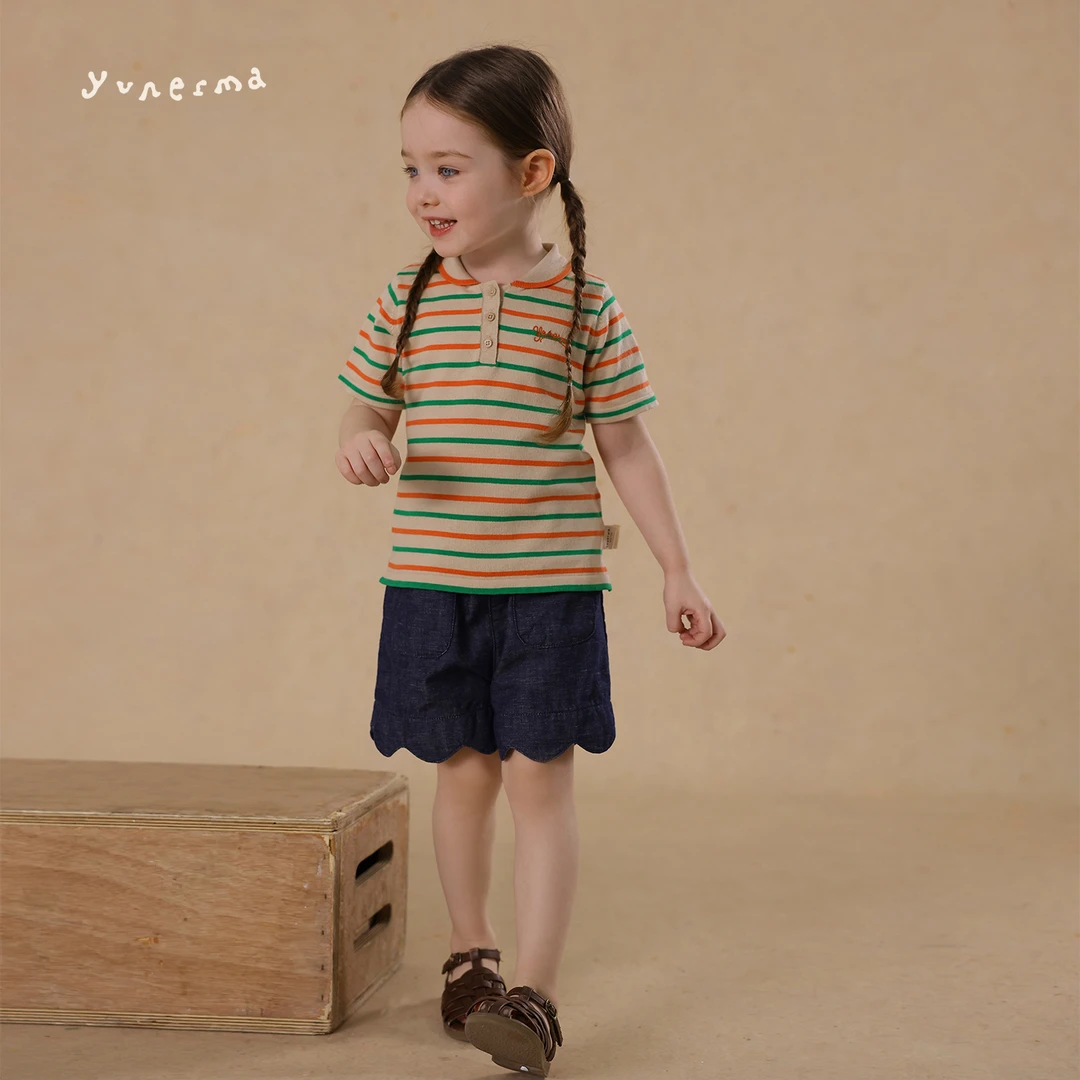 允儿妈女童刺绣条纹polo针织衫 宝宝幼儿园夏季百搭短袖T恤上衣潮