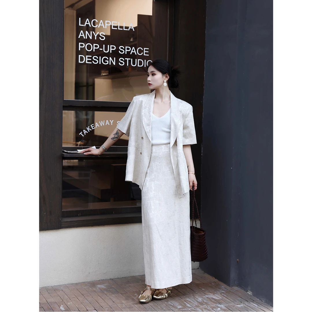 PRASE·噜【繁花锦】微胖轻奢设计款夏亚麻提花短袖套装PR504B72/71