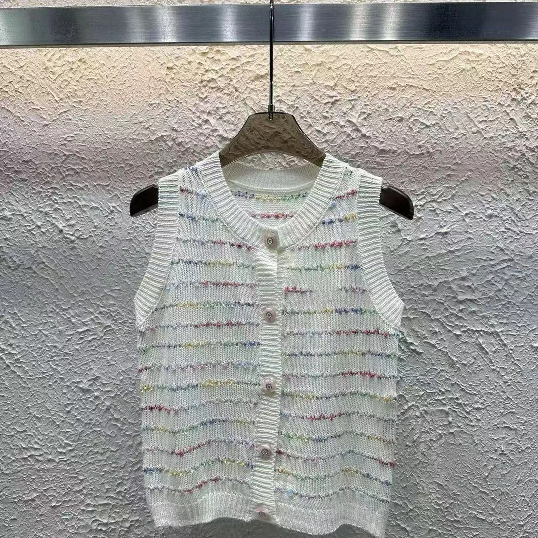 ICCLEK 白色彩虹条纹无袖针织衫 夏季 休闲 百搭 -5591